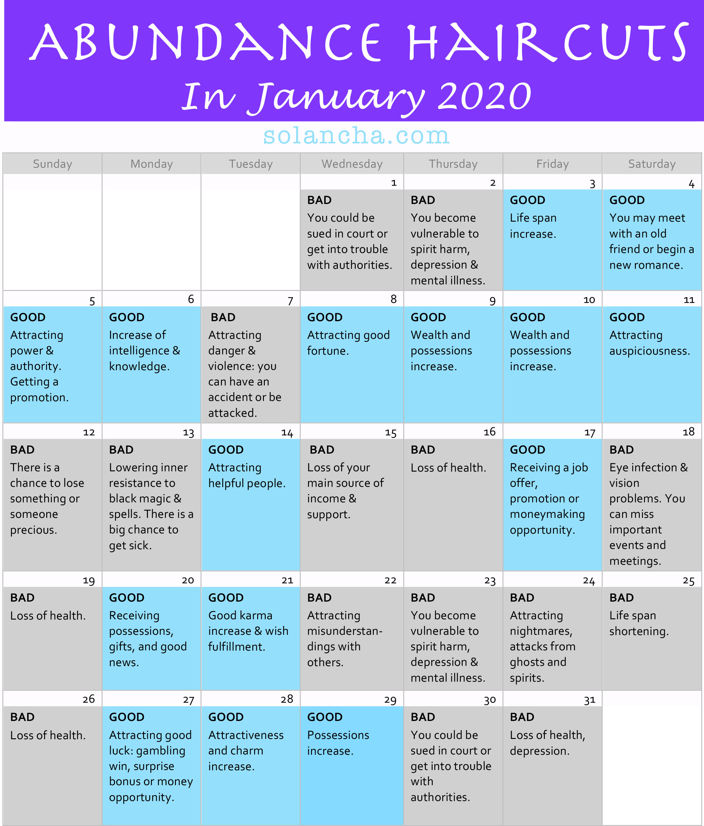 Abundance Haircuts in January 2020 Calendar