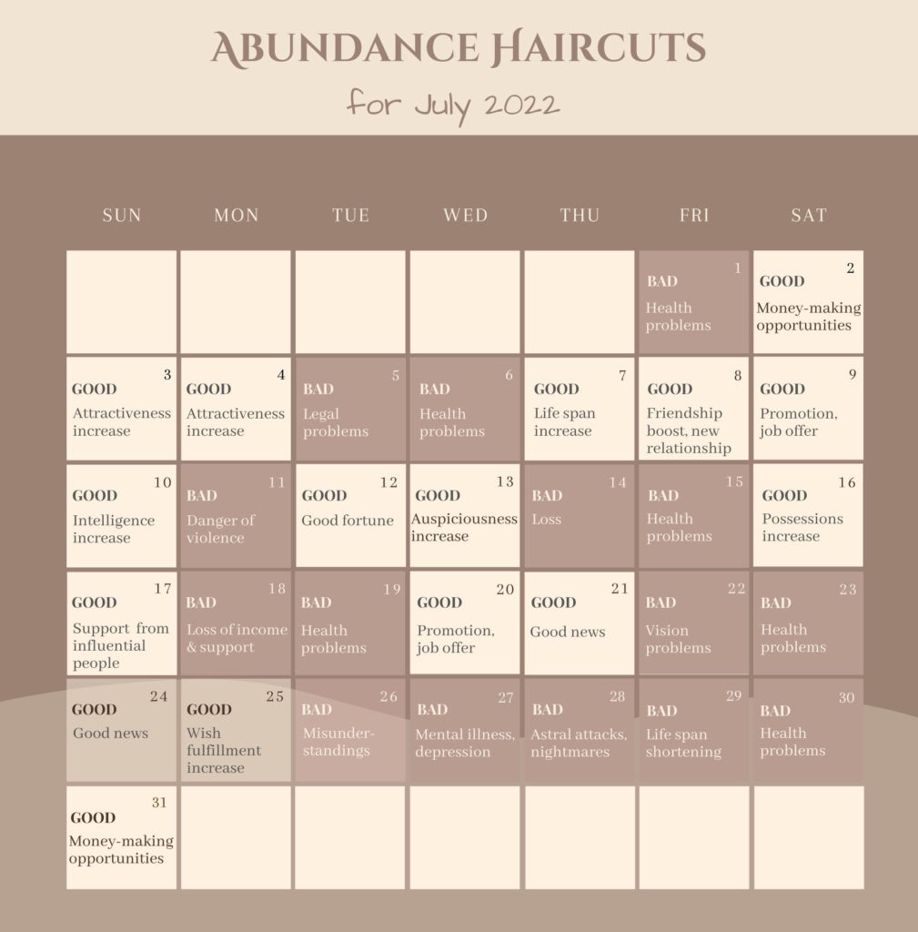 Abundance Haircuts in July 2022 Calendar Image