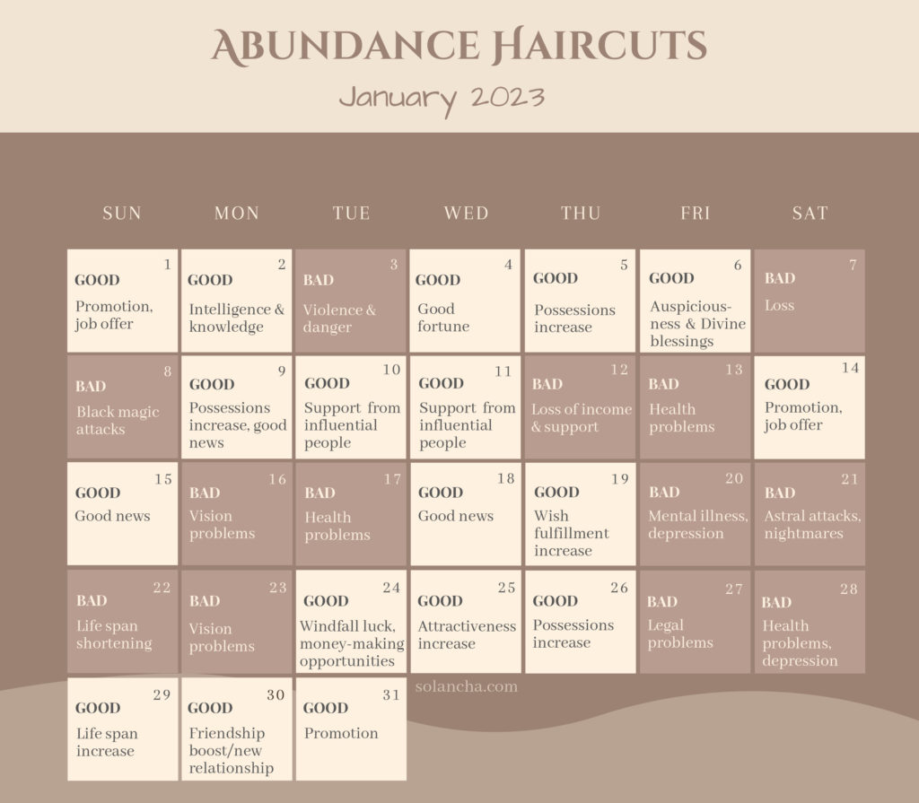 Good and bad days to cut your hair in January 2023 Calendar